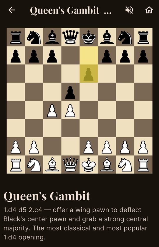 Chess Coach training screen: the Queen's Gambit on the board with an explanation of 2.c4 below it