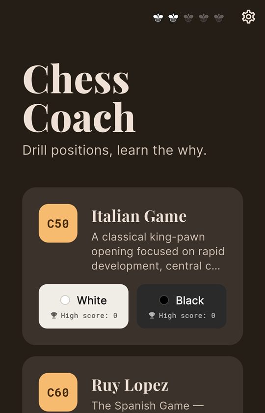 Home screen listing openings such as the Italian Game and Ruy Lopez, each trainable as White or Black